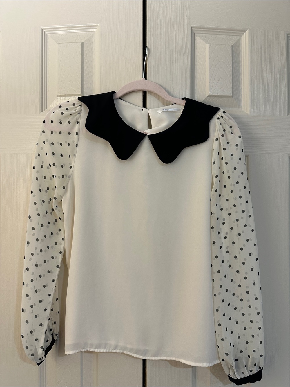 Polka Dot Puff Sleeve Blouse with Contrast Collar - Cream/Black